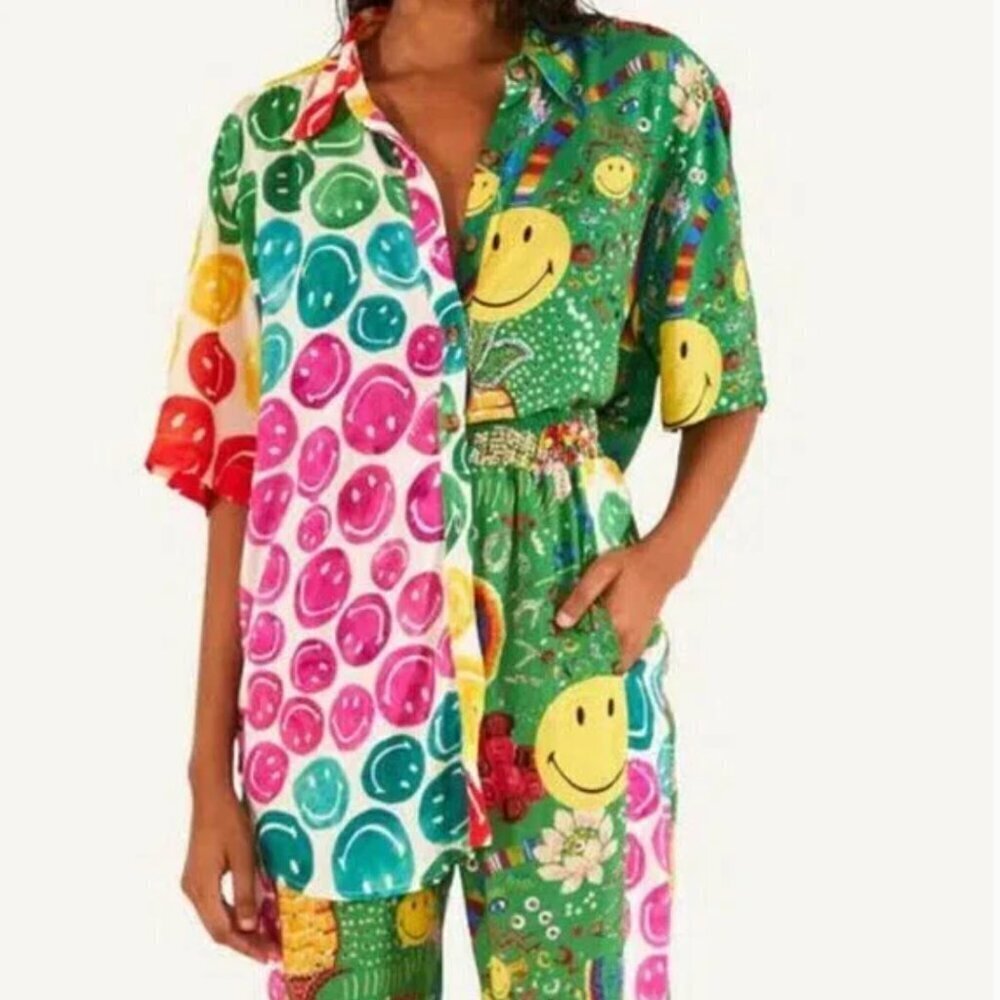 Farm Rio x Mixed Print Smiley Shirt In Mix Print - Picture 2 of 14